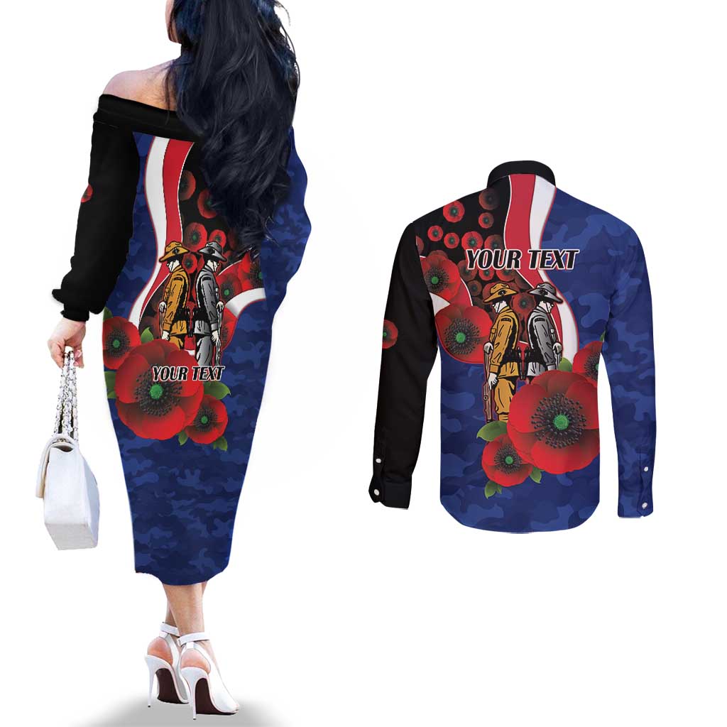 North Kangaroos ANZAC Personalised Couples Matching Off The Shoulder Long Sleeve Dress and Long Sleeve Button Shirt Lest We Forget Poppy Camo
