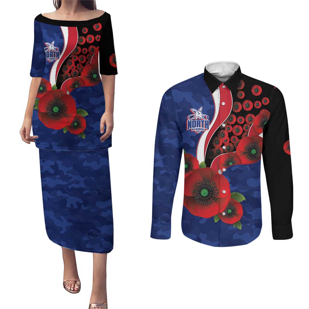 North Kangaroos ANZAC Personalised Couples Matching Puletasi and Long Sleeve Button Shirt Lest We Forget Poppy Camo