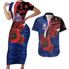 North Kangaroos ANZAC Personalised Couples Matching Short Sleeve Bodycon Dress and Hawaiian Shirt Lest We Forget Poppy Camo