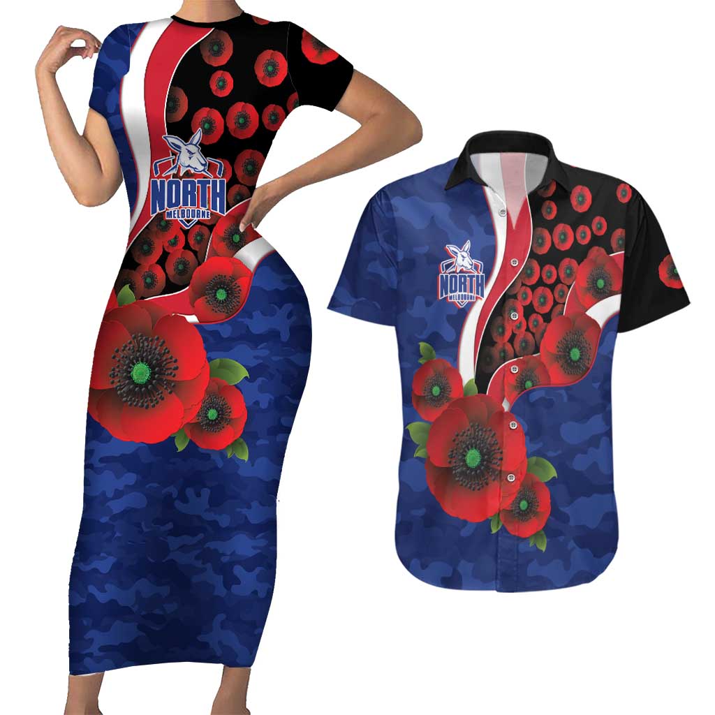 North Kangaroos ANZAC Personalised Couples Matching Short Sleeve Bodycon Dress and Hawaiian Shirt Lest We Forget Poppy Camo