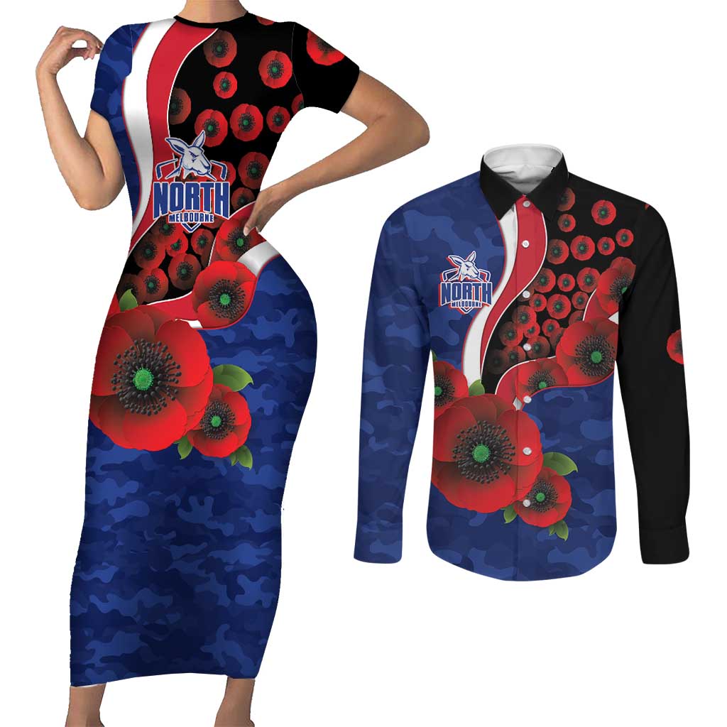 North Kangaroos ANZAC Personalised Couples Matching Short Sleeve Bodycon Dress and Long Sleeve Button Shirt Lest We Forget Poppy Camo