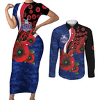North Kangaroos ANZAC Personalised Couples Matching Short Sleeve Bodycon Dress and Long Sleeve Button Shirt Lest We Forget Poppy Camo