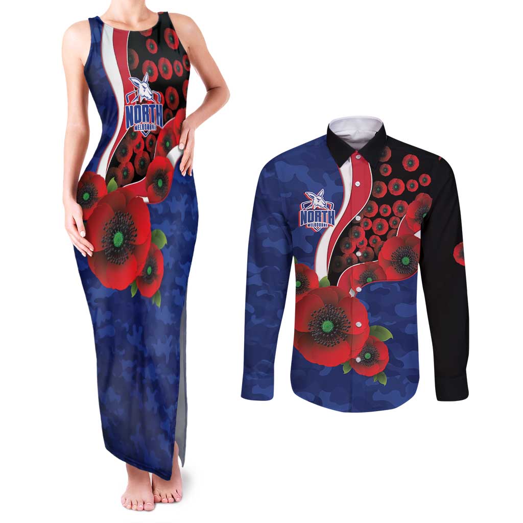 North Kangaroos ANZAC Personalised Couples Matching Tank Maxi Dress and Long Sleeve Button Shirt Lest We Forget Poppy Camo