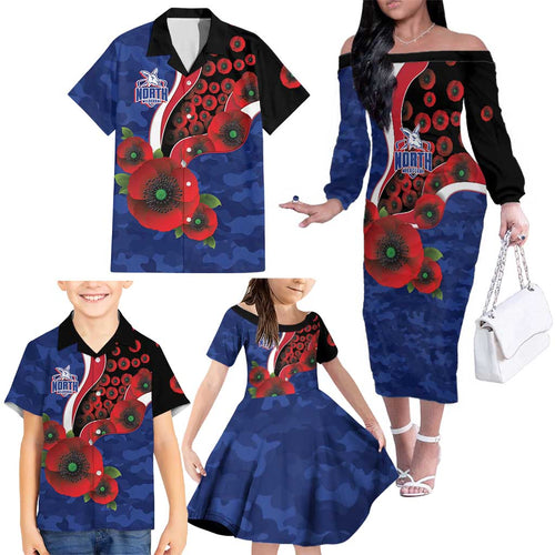 North Kangaroos ANZAC Personalised Family Matching Off The Shoulder Long Sleeve Dress and Hawaiian Shirt Lest We Forget Poppy Camo