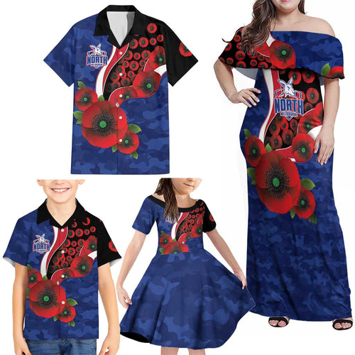 North Kangaroos ANZAC Personalised Family Matching Off Shoulder Maxi Dress and Hawaiian Shirt Lest We Forget Poppy Camo