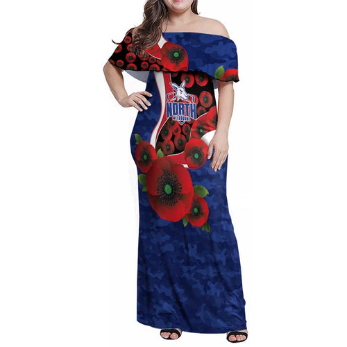 North Kangaroos ANZAC Personalised Family Matching Off Shoulder Maxi Dress and Hawaiian Shirt Lest We Forget Poppy Camo