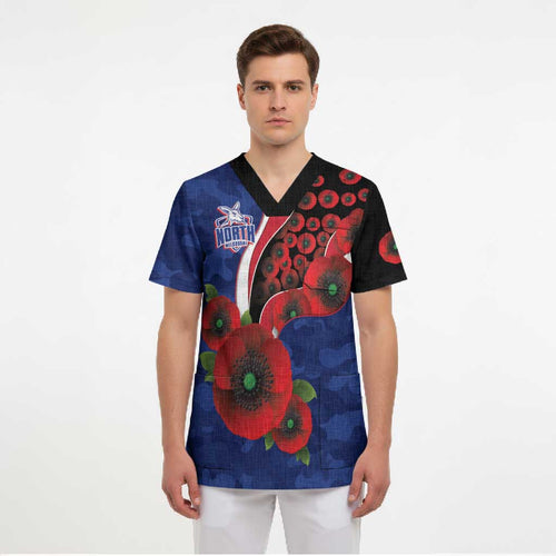 North Kangaroos ANZAC Personalised Scrub Top Lest We Forget Poppy Camo