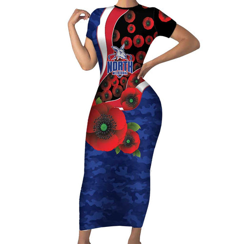 North Kangaroos ANZAC Personalised Short Sleeve Bodycon Dress Lest We Forget Poppy Camo