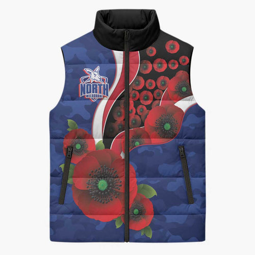 North Kangaroos ANZAC Personalised Sleeveless Puffer Jacket Lest We Forget Poppy Camo