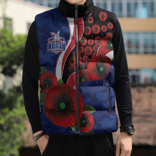North Kangaroos ANZAC Personalised Sleeveless Puffer Jacket Lest We Forget Poppy Camo