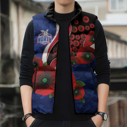 North Kangaroos ANZAC Personalised Sleeveless Puffer Jacket Lest We Forget Poppy Camo