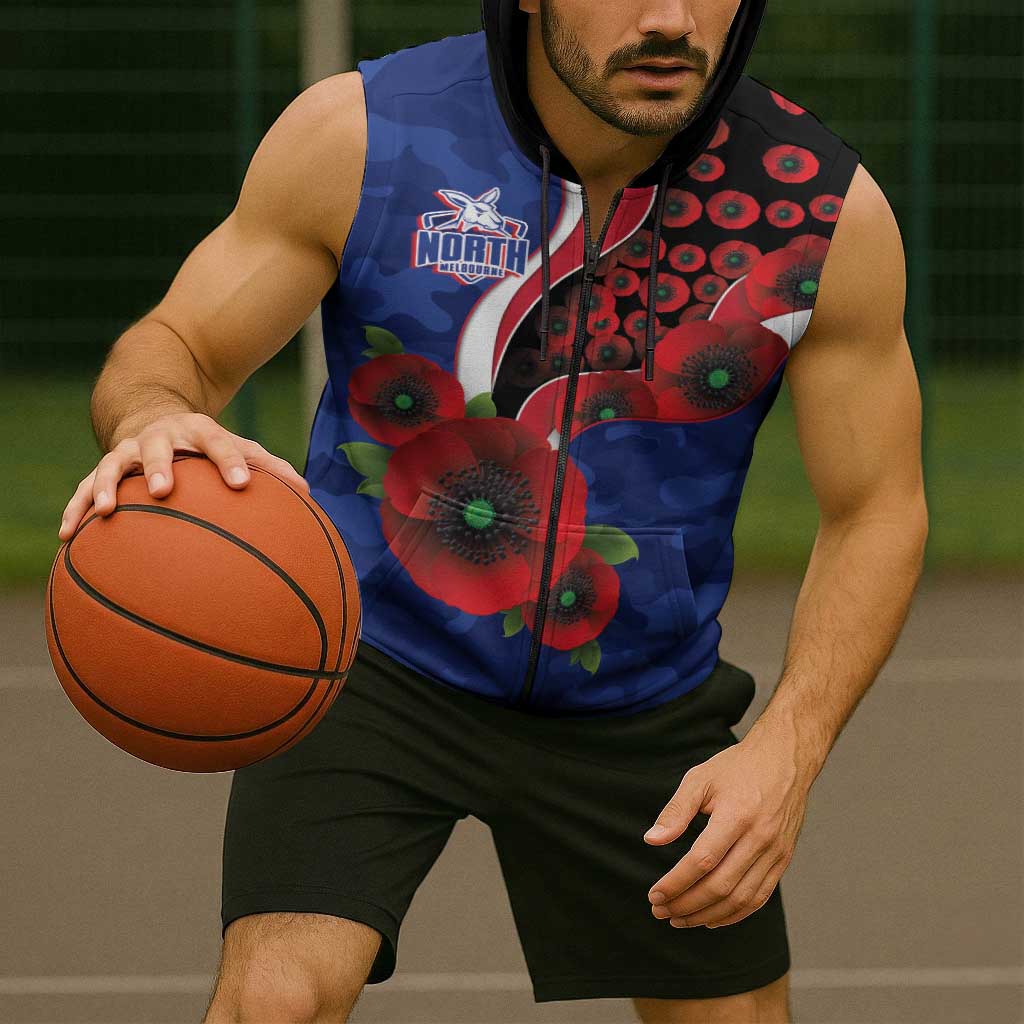 North Kangaroos ANZAC Personalised Sleeveless Zip Hoodie Lest We Forget Poppy Camo