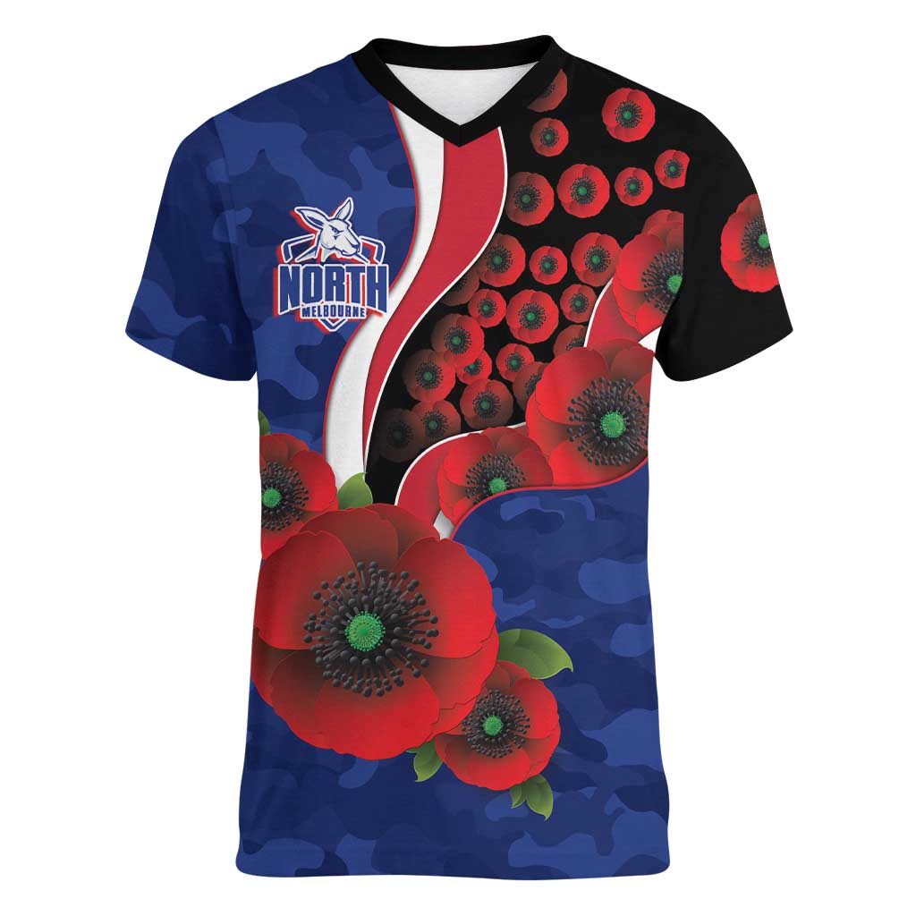 North Kangaroos ANZAC Personalised Women V-Neck T-Shirt Lest We Forget Poppy Camo