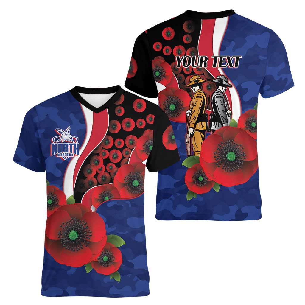 North Kangaroos ANZAC Personalised Women V-Neck T-Shirt Lest We Forget Poppy Camo