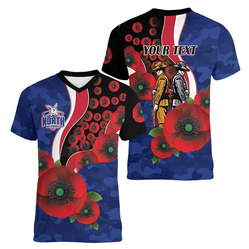 North Kangaroos ANZAC Personalised Women V-Neck T-Shirt Lest We Forget Poppy Camo