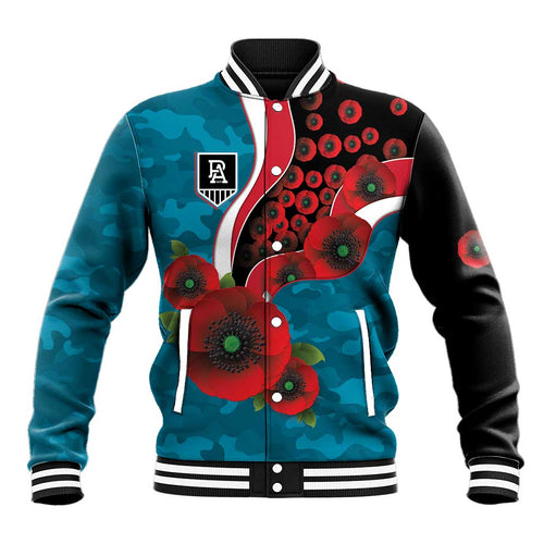 Port Power ANZAC Personalised Baseball Jacket Lest We Forget Poppy Camo