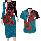 Port Power ANZAC Personalised Couples Matching Long Sleeve Bodycon Dress and Hawaiian Shirt Lest We Forget Poppy Camo