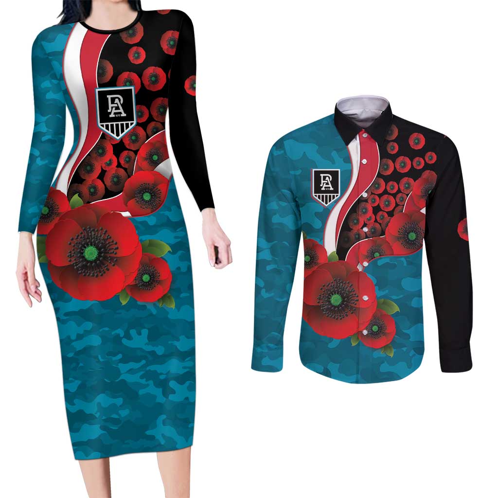 Port Power ANZAC Personalised Couples Matching Long Sleeve Bodycon Dress and Long Sleeve Button Shirt Lest We Forget Poppy Camo