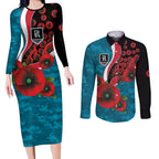 Port Power ANZAC Personalised Couples Matching Long Sleeve Bodycon Dress and Long Sleeve Button Shirt Lest We Forget Poppy Camo