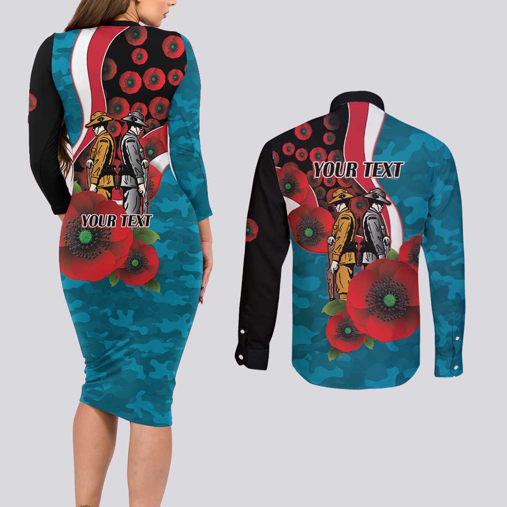 Port Power ANZAC Personalised Couples Matching Long Sleeve Bodycon Dress and Long Sleeve Button Shirt Lest We Forget Poppy Camo