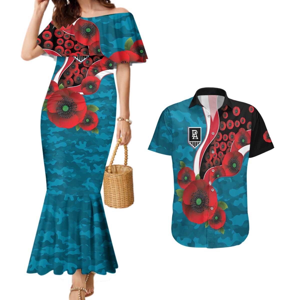 Port Power ANZAC Personalised Couples Matching Mermaid Dress and Hawaiian Shirt Lest We Forget Poppy Camo