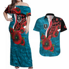 Port Power ANZAC Personalised Couples Matching Off Shoulder Maxi Dress and Hawaiian Shirt Lest We Forget Poppy Camo