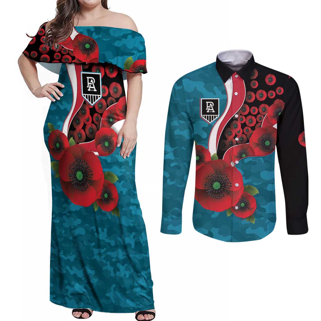 Port Power ANZAC Personalised Couples Matching Off Shoulder Maxi Dress and Long Sleeve Button Shirt Lest We Forget Poppy Camo