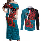Port Power ANZAC Personalised Couples Matching Off Shoulder Maxi Dress and Long Sleeve Button Shirt Lest We Forget Poppy Camo
