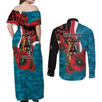 Port Power ANZAC Personalised Couples Matching Off Shoulder Maxi Dress and Long Sleeve Button Shirt Lest We Forget Poppy Camo