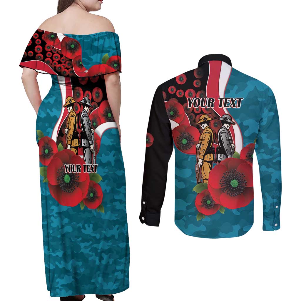 Port Power ANZAC Personalised Couples Matching Off Shoulder Maxi Dress and Long Sleeve Button Shirt Lest We Forget Poppy Camo