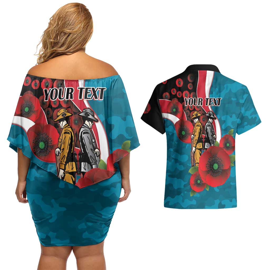 Port Power ANZAC Personalised Couples Matching Off Shoulder Short Dress and Hawaiian Shirt Lest We Forget Poppy Camo