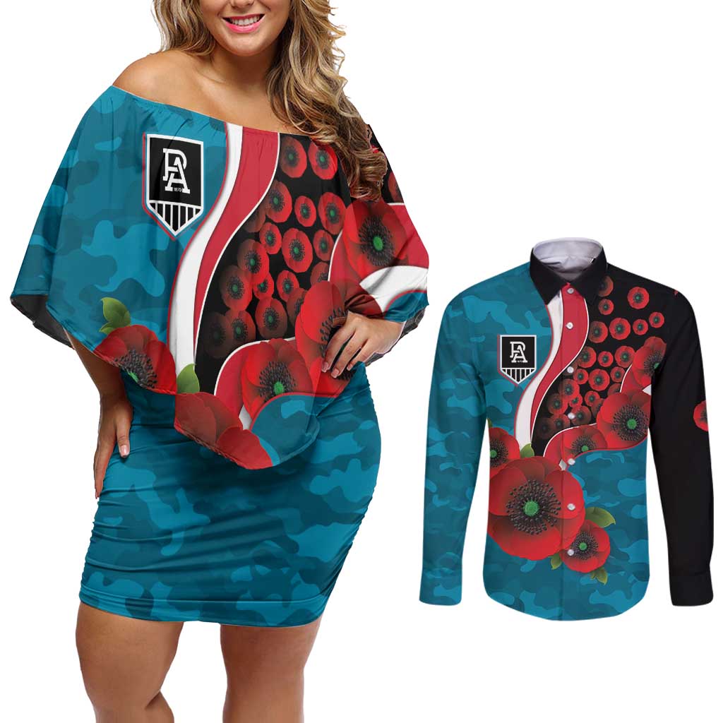 Port Power ANZAC Personalised Couples Matching Off Shoulder Short Dress and Long Sleeve Button Shirt Lest We Forget Poppy Camo