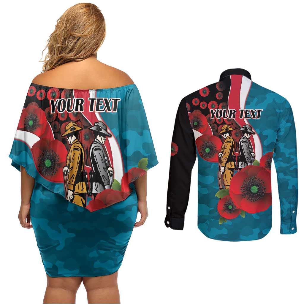 Port Power ANZAC Personalised Couples Matching Off Shoulder Short Dress and Long Sleeve Button Shirt Lest We Forget Poppy Camo
