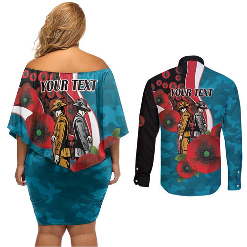 Port Power ANZAC Personalised Couples Matching Off Shoulder Short Dress and Long Sleeve Button Shirt Lest We Forget Poppy Camo