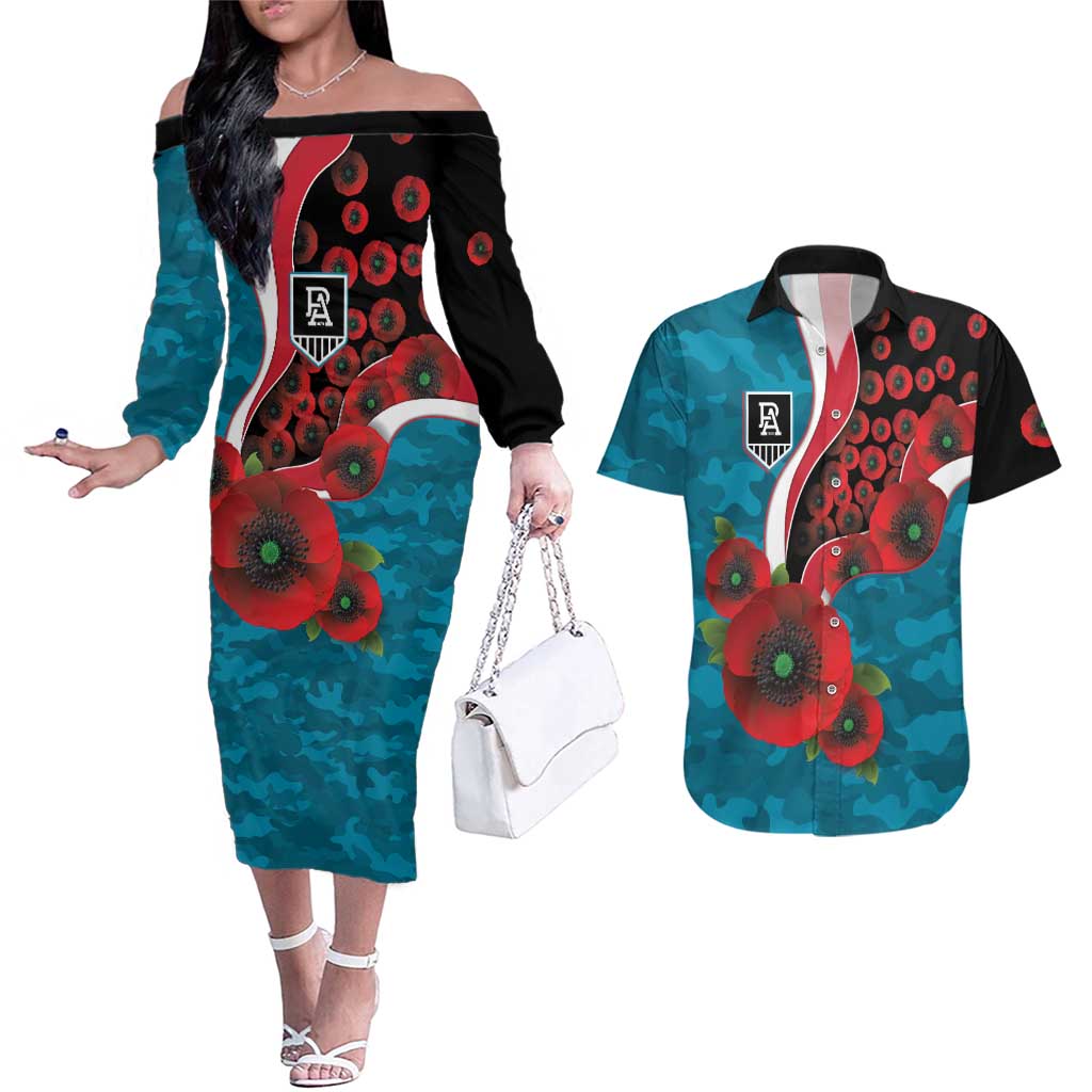 Port Power ANZAC Personalised Couples Matching Off The Shoulder Long Sleeve Dress and Hawaiian Shirt Lest We Forget Poppy Camo