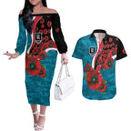 Port Power ANZAC Personalised Couples Matching Off The Shoulder Long Sleeve Dress and Hawaiian Shirt Lest We Forget Poppy Camo