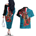 Port Power ANZAC Personalised Couples Matching Off The Shoulder Long Sleeve Dress and Hawaiian Shirt Lest We Forget Poppy Camo