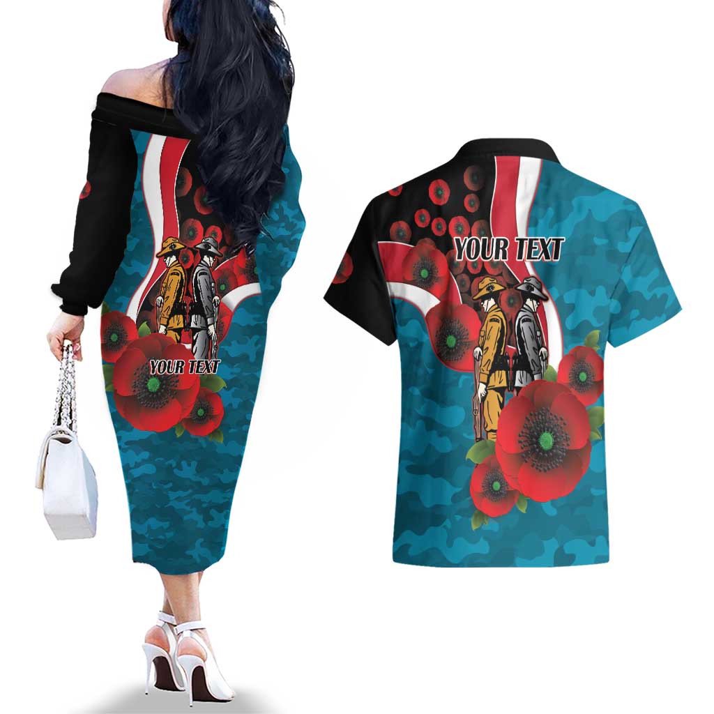Port Power ANZAC Personalised Couples Matching Off The Shoulder Long Sleeve Dress and Hawaiian Shirt Lest We Forget Poppy Camo