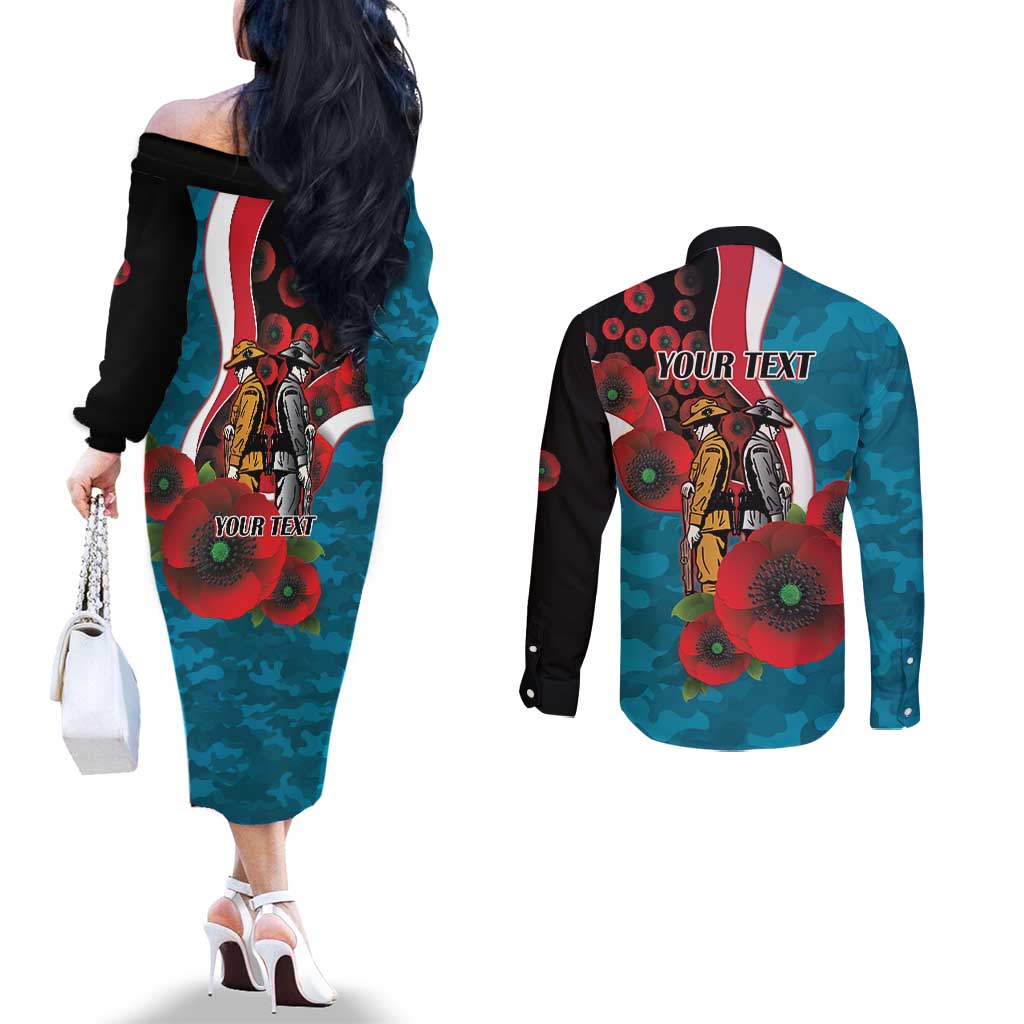 Port Power ANZAC Personalised Couples Matching Off The Shoulder Long Sleeve Dress and Long Sleeve Button Shirt Lest We Forget Poppy Camo