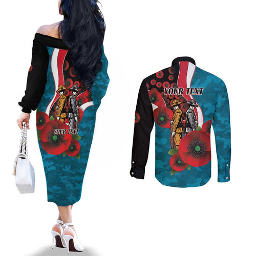 Port Power ANZAC Personalised Couples Matching Off The Shoulder Long Sleeve Dress and Long Sleeve Button Shirt Lest We Forget Poppy Camo