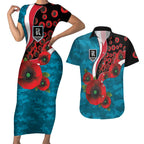 Port Power ANZAC Personalised Couples Matching Short Sleeve Bodycon Dress and Hawaiian Shirt Lest We Forget Poppy Camo