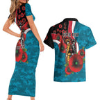Port Power ANZAC Personalised Couples Matching Short Sleeve Bodycon Dress and Hawaiian Shirt Lest We Forget Poppy Camo