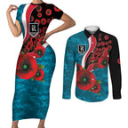 Port Power ANZAC Personalised Couples Matching Short Sleeve Bodycon Dress and Long Sleeve Button Shirt Lest We Forget Poppy Camo