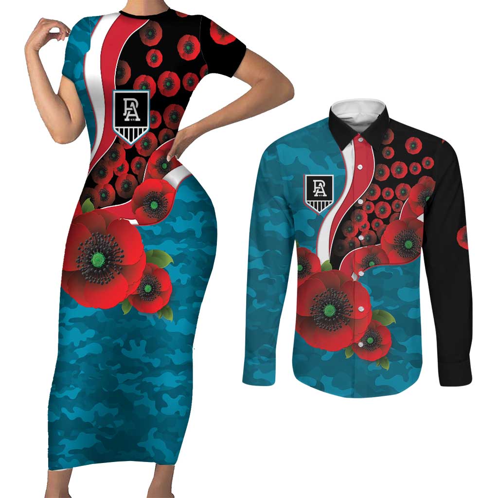 Port Power ANZAC Personalised Couples Matching Short Sleeve Bodycon Dress and Long Sleeve Button Shirt Lest We Forget Poppy Camo