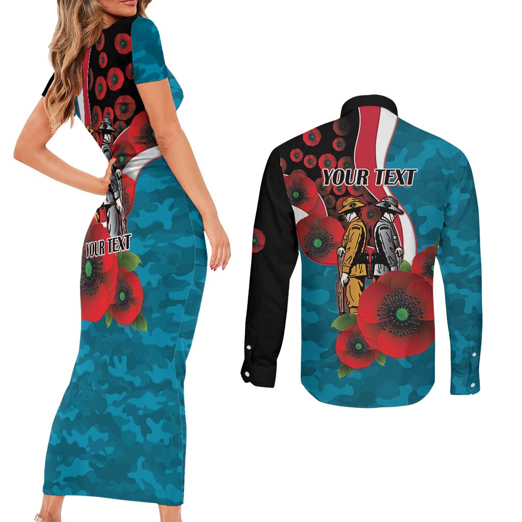Port Power ANZAC Personalised Couples Matching Short Sleeve Bodycon Dress and Long Sleeve Button Shirt Lest We Forget Poppy Camo