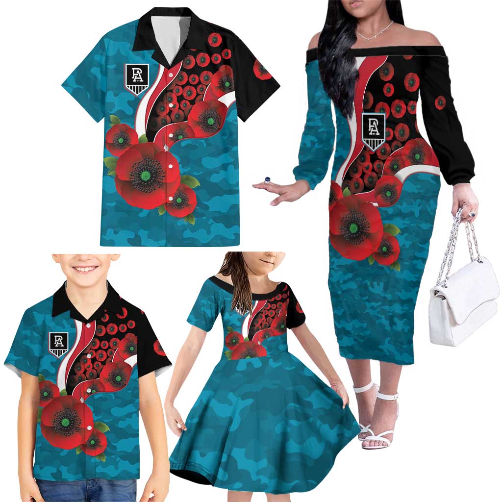 Port Power ANZAC Personalised Family Matching Off The Shoulder Long Sleeve Dress and Hawaiian Shirt Lest We Forget Poppy Camo