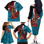 Port Power ANZAC Personalised Family Matching Off The Shoulder Long Sleeve Dress and Hawaiian Shirt Lest We Forget Poppy Camo