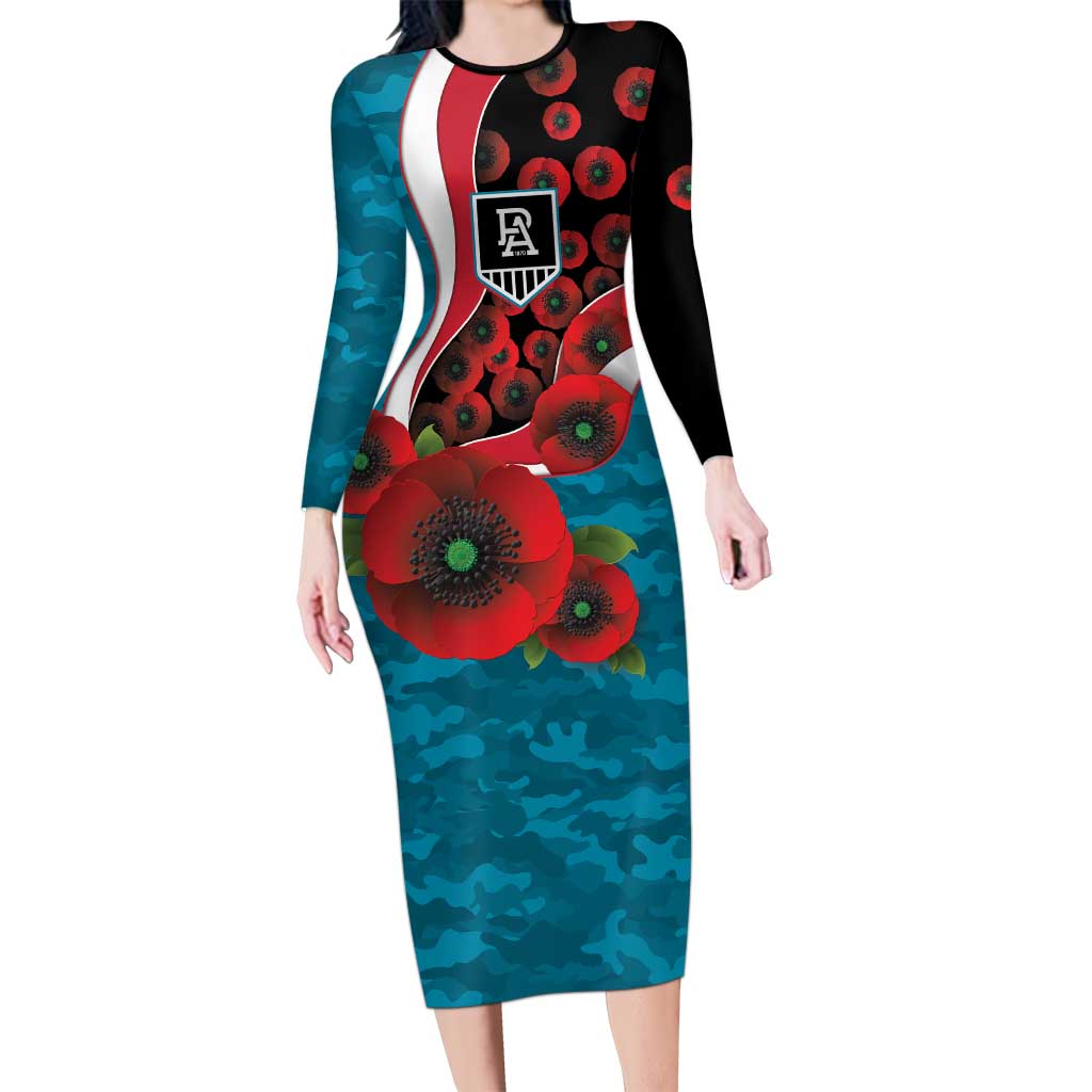 Port Power ANZAC Personalised Long Sleeve Bodycon Dress Lest We Forget Poppy Camo