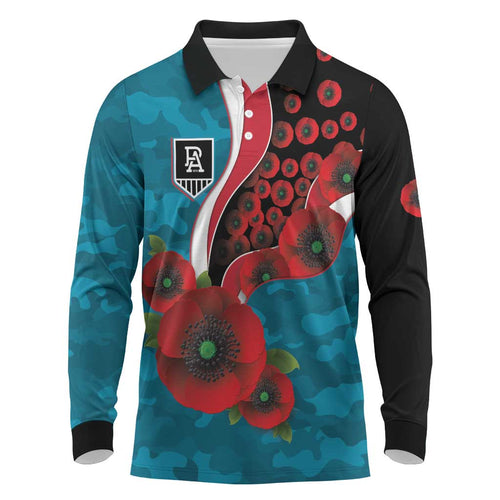 Port Power ANZAC Personalised Long Sleeve Polo Shirt Lest We Forget Poppy Camo