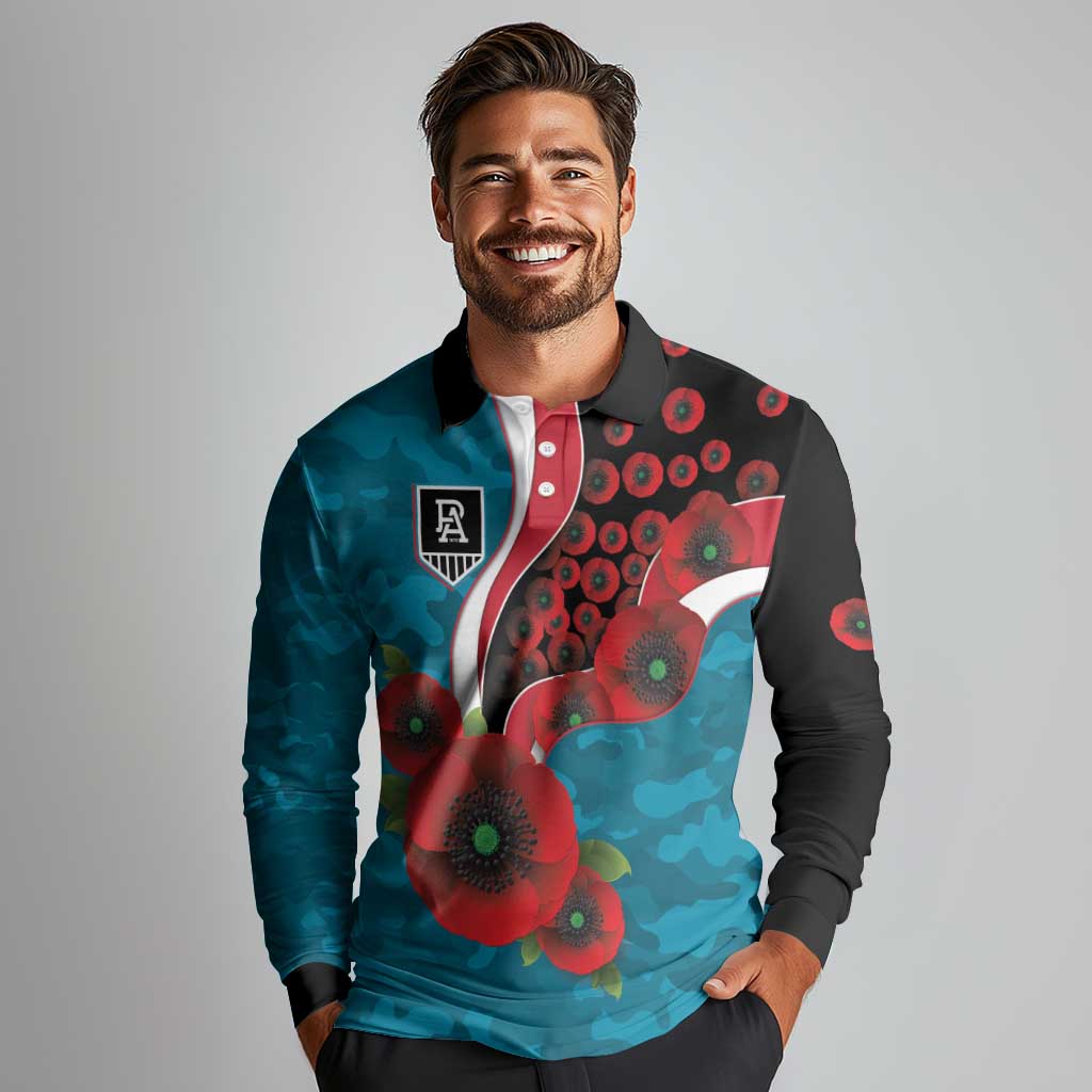 Port Power ANZAC Personalised Long Sleeve Polo Shirt Lest We Forget Poppy Camo
